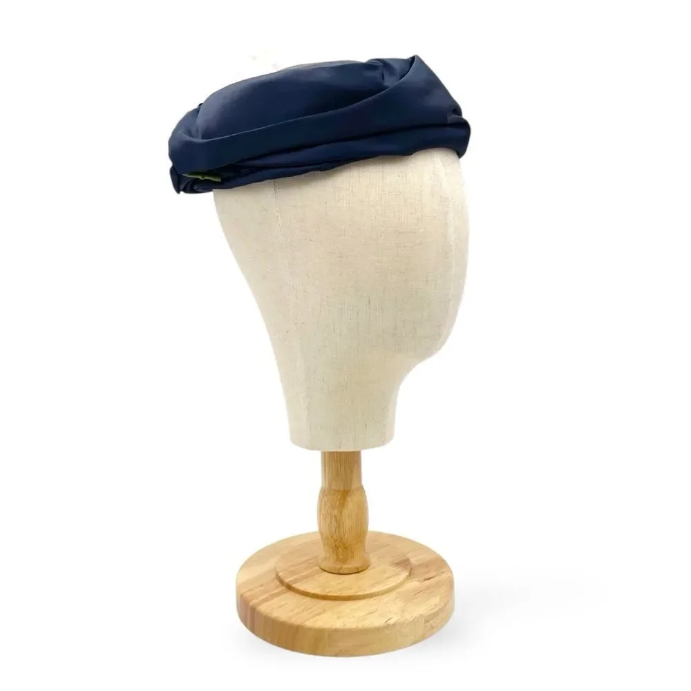 Vintage 1950s Navy Blue Hat Pink Flower Trim Size 22 1/2 Pillbox Fascinator - Picture 11 of 15